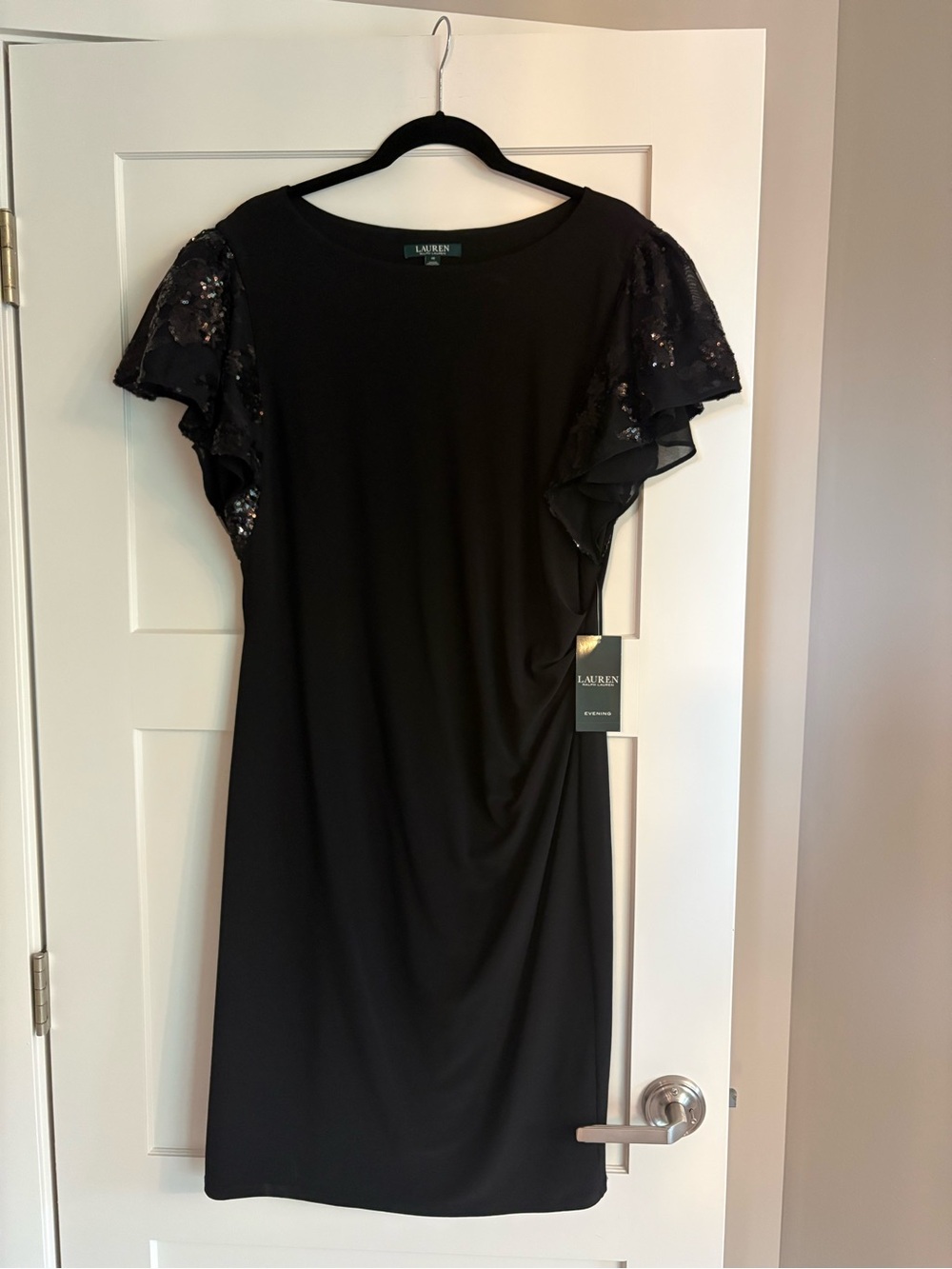 Ralph Lauren Black Sequin Flutter-Sleeve Dress NWT Size 16